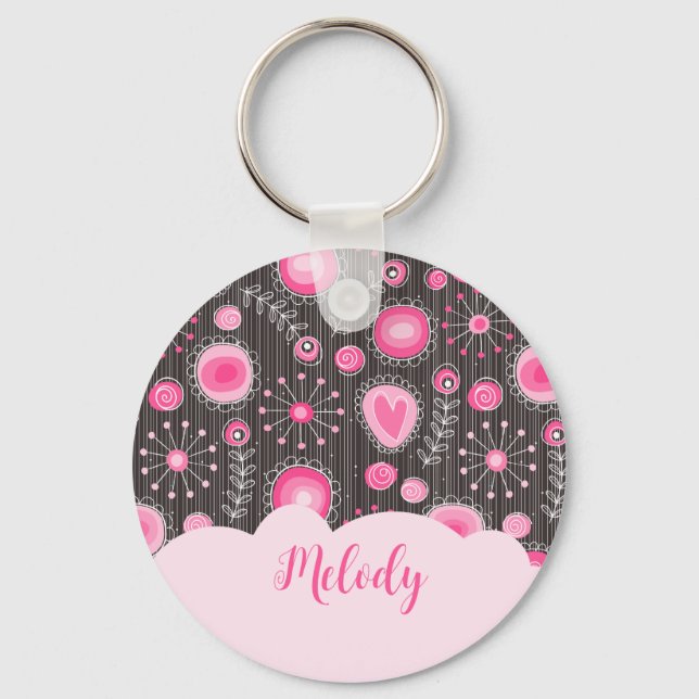 Porte-clés Coeurs gris rose blanc et nom fleuri (Recto)
