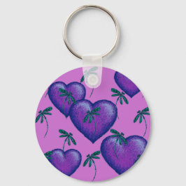 Porte-clés Coeurs pourpres et libellules