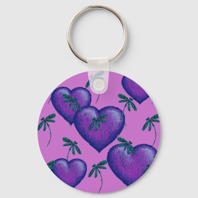 Porte-clés Coeurs pourpres et libellules (Recto)
