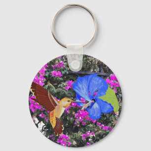 Porte-clés Colibri, Hibiscus Bleu et Bougainvillée