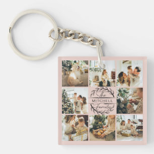 Porte-clés Collage de photos de famille monogramme   Rose pâl