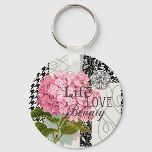 Porte-clés Collage d'hortensia rose chic Art damassé vintage