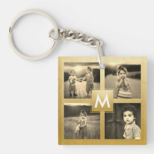Porte-clés Collage Photo Famille Personnalisée Monogramme Or 