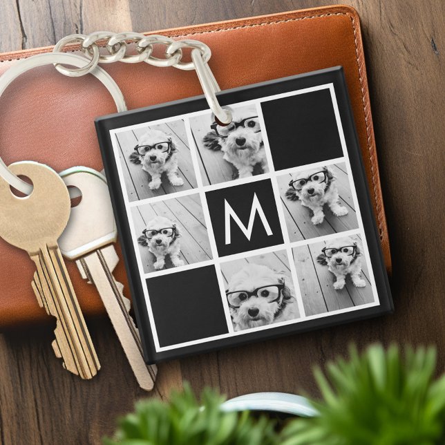 Porte-clés Collage photo noir et blanc 6 Monogramme personnal (Personalized keychain with photo collage and monogram)
