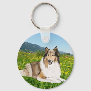 Porte-clés Collie rugueux contre une prairie de betercup.