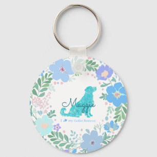 Porte-clés Collier de Chien Retriever Doré Fleur Bleu Pastel
