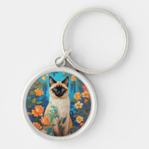 Porte-clés Coloré bleu chat siamois floral
