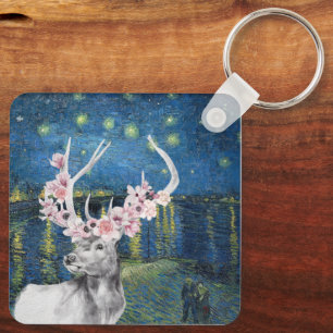 Porte-clés Compilation Van Gogh Nuit étoilée et cerf floral 