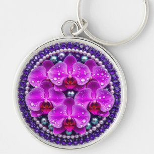 Porte-clés Composition florale d'orchidées violettes circulai
