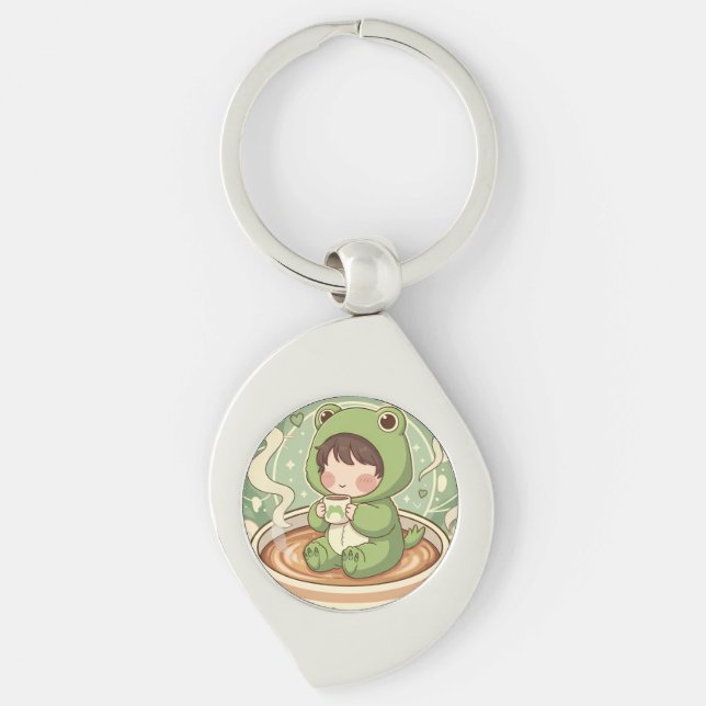 Porte-clés Conception de conte de café grenouille mignonne (Devant)