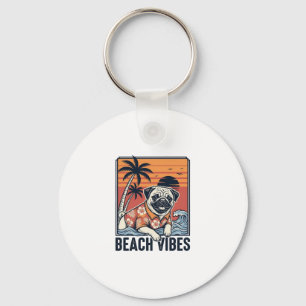 Porte-clés Conception de gravure vintage pug ambiance plage_1