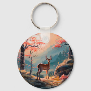 Porte-clés Conception de scène forestière enchantée de cerfs 
