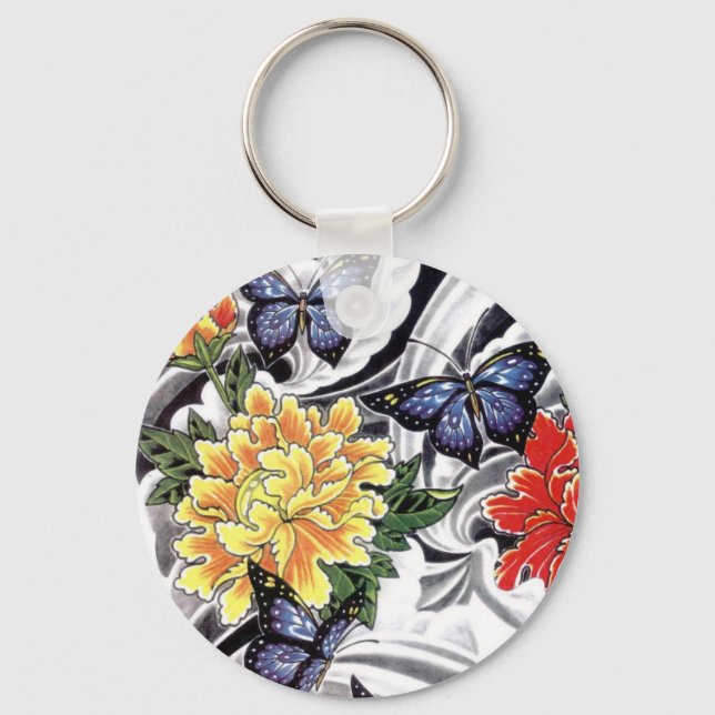Porte-clés Conception de tatouage de pivoine jaune et papillo (Recto)