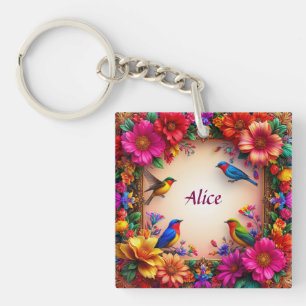 Porte-clés 🌸 Conception Fleurie Oiseau Nom Personnalisé Cade
