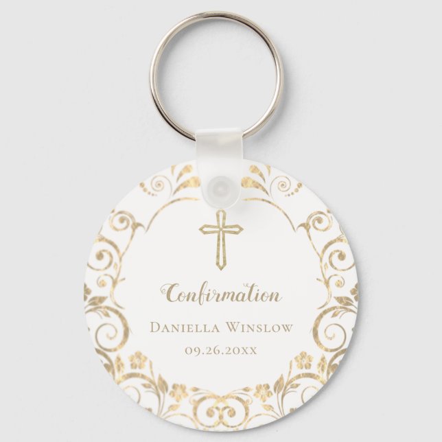 Porte-clés Confirmation de Croix d'or blanche personnalisée (Recto)
