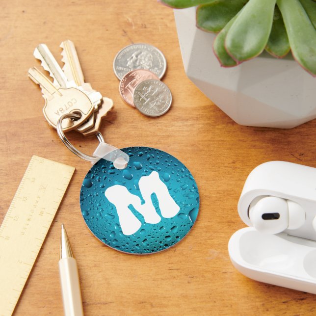Porte-clés Cool élégant Bleu gouttes d'eau Monogramme (Bureau)