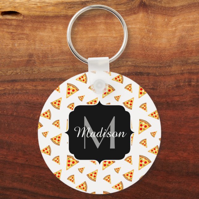 Porte-clés Cool et fun pizza tranches motif Monogram blanc (Recto)