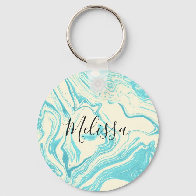 Porte-clés Cool marbre en turquoise et crème Monogramme (Recto)