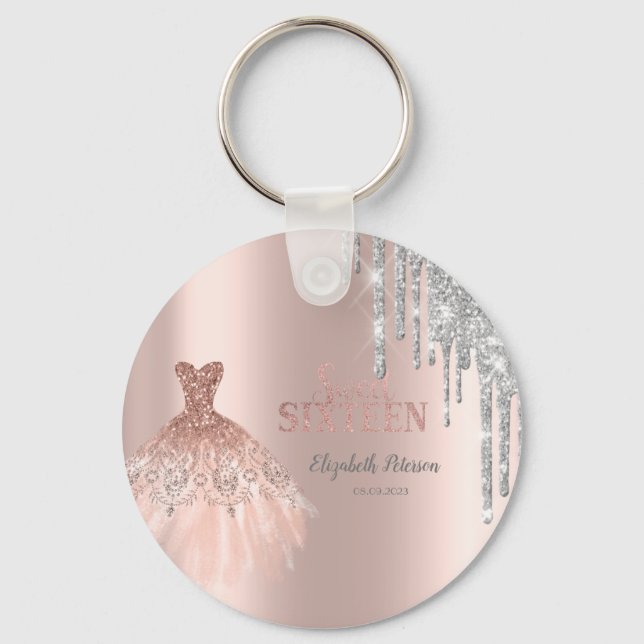 Porte-clés Cool Parties scintillant Argent, Robe Rose Or (Recto)