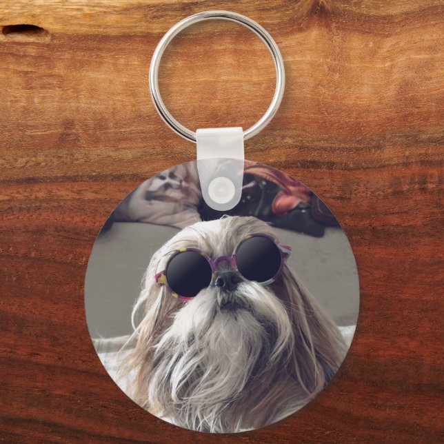 Porte-clés Cool Shih Tzu cheveux longs Lunettes de soleil vin (Recto)