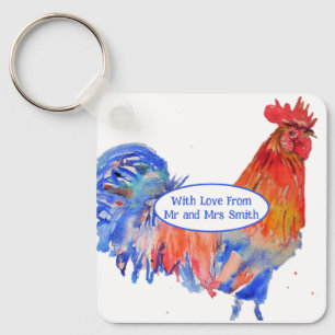 Porte-clés Coq Rouge Poulet Bleu Aquarelle Mariage