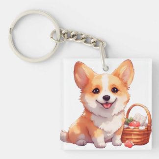 Porte-clés Corgi joyeux avec un panier de pique-nique
