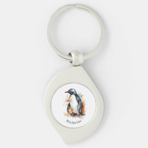 Porte-clés Coucher de soleil Aquarelle Pingouin, personnalisé