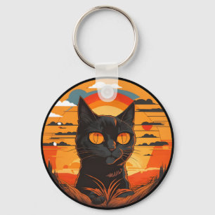 Porte-clés Coucher de soleil de chat noir vintage au coucher