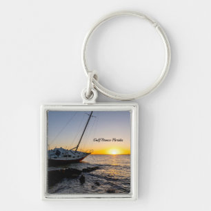 Porte-clés coucher de soleil sur voilier et jetée