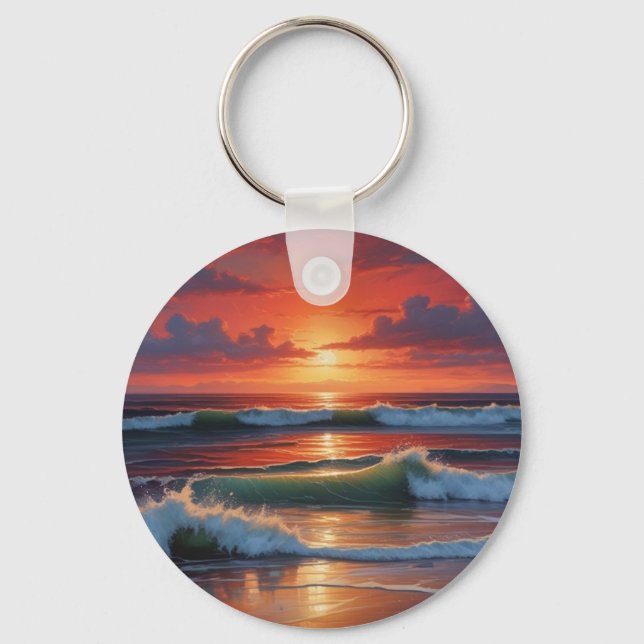 Porte-clés Coucher Rouge Océan Peinture de paysage marin (Recto)