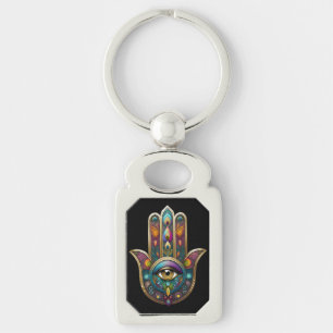 Porte-clés Couleurs de paon Hamsa avec Troisième Œil en or