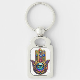 Porte-clés Couleurs Paon Or Hamsa Vert Saphir Troisième Œil