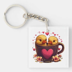 Porte-clés Couple de canard romantique en forme de coeur, Sai