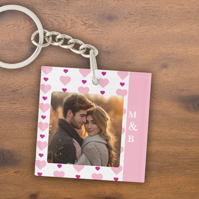 Porte-clés Couple de photo rose et blanc mignon (Cute Monogramed Pink Hearts Photo Keychain )