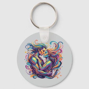 Porte-clés Couple vibrant embrassant l'art psychédélique flui
