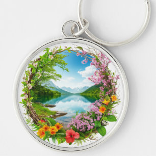 Porte-clés Couronne de fleurs printanières encadrant une mont