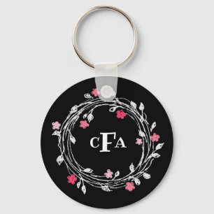 Porte-clés Couronne florale personnalisée en noir et blanc av