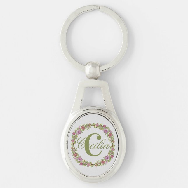 Porte-clés Couronne florale personnalisée Nom Monogramme (Devant)