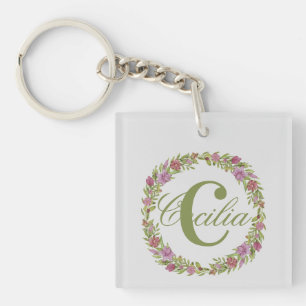 Porte-clés Couronne florale personnalisée Nom Monogramme