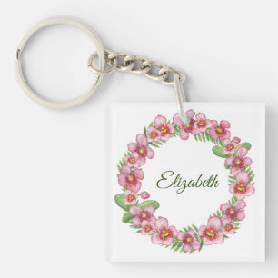 Porte-clés Couronne florale rose et verte personnalisée