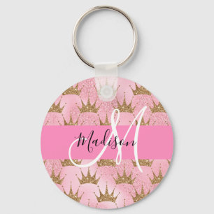 Porte-clés Couronnes Monogramme Paillettes Rose & Or Glamour