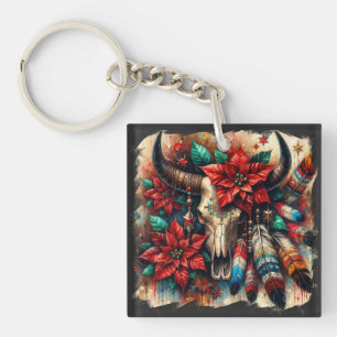 Porte-clés Crâne de la vache de Noël Poinsettias plumes