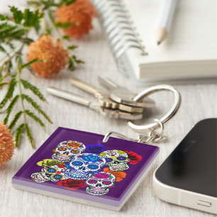 Porte-clés Crânes à sucre Colorful Rose Cinco Toutes les âmes