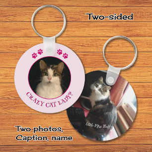 Porte-clés Crazy cat lady photo texte personnalisé rose
