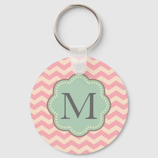 Porte-clés Crème rose Mint Chevron Stripes Monogramme (Recto)