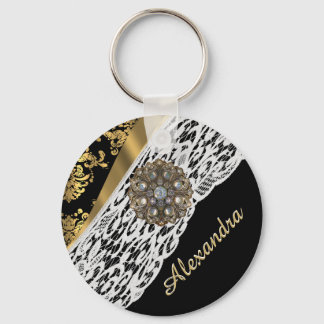 Porte-clés cristal de dentelle blanche noir et or