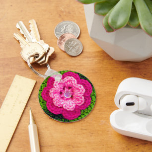 Porte-clés Crochet vert à fleurs roses chaudes Imprimer sur