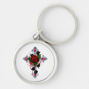 Porte-clés Croix d'argent avec une rose rouge
