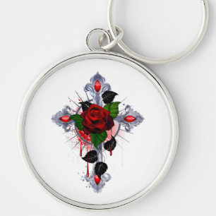 Porte-clés Croix d'argent avec une rose rouge