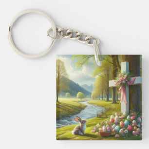 Porte-clés Croix de Pâques avec lapin et oeufs